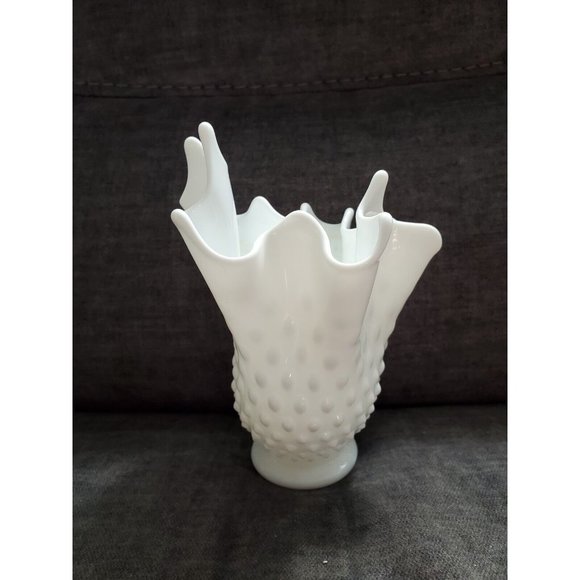 Fenton Other - Fenton Hobnail Milk Glass Swung Ruffle Vase Crimped White Bouquet USA Vintage